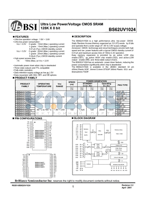 BS62UV1024JI datasheet - Ultra Low Power/Voltage CMOS SRAM 128K X 8 bit