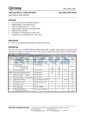 DL-5120S-1490 datasheet - 1490 nm DFB LASER DIODES MQW-DFB LASER DIODES