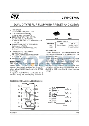 74VHCT74A datasheet - DUAL D-TYPE FLIP FLOP WITH PRESET AND CLEAR