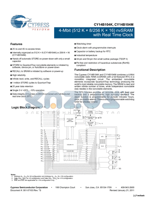 CY14B104M-ZSP25XC datasheet - 4 Mbit (512K x 8/256K x 16) nvSRAM with Real Time Clock