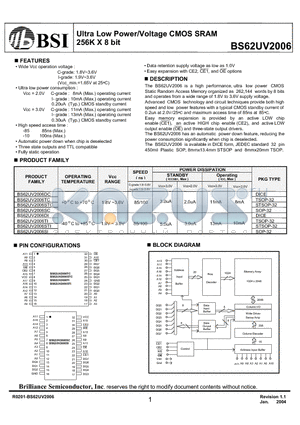 BS62UV2006SIP10 datasheet - Ultra Low Power/Voltage CMOS SRAM 256K X 8 bit