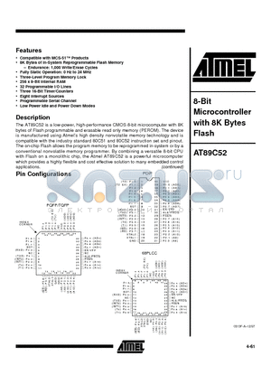 AT89C52-20JC datasheet - 8-Bit Microcontroller with 8K Bytes Flash