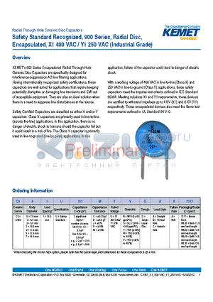 C981U103MYVDAA7317 datasheet - Safety Standard Recognized, 900 Series, Radial Disc, Encapsulated, X1 400 VAC / Y1 250 VAC (Industrial Grade)