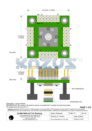 CA-MLF48A-A-Z-T-01 datasheet - Carrier Adaptor 48 position MLF ZIF socket to 48 position surface mountable MLF emulator foot with test probes.