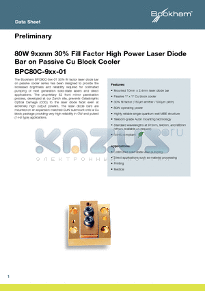 BPC80C-915-01 datasheet - 80W 9xxnm 30% Fill Factor High Power Laser Diode Bar on Passive Cu Block Cooler