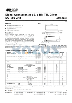 AT15-0001 datasheet - Digital Attenuator, 31 dB, 5-Bit, TTL Driver DC - 2.0 GHz