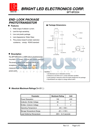 BPT-BP2334 datasheet - END- LOOK PACKAGE PHOTOTRANSISTOR