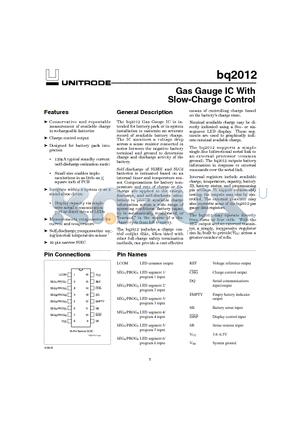 BQ2012SNN datasheet - Gas Gauge IC With Slow-Charge Control