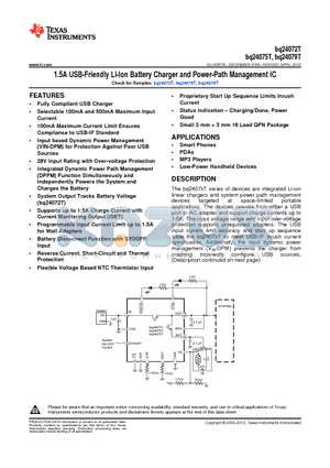 BQ24072T_1 datasheet - 1.5A USB-Friendly Li-Ion Battery Charger and Power-Path Management IC