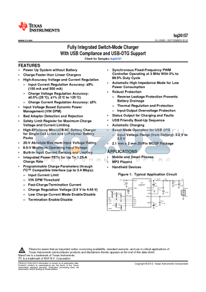 BQ24157 datasheet - Fully Integrated Switch-Mode Charger With USB Compliance and USB-OTG Support