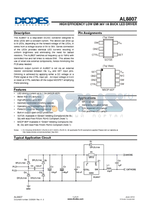 AL8807MP-13 datasheet - HIGH EFFICIENCY LOW EMI 36V 1A BUCK LED DRIVER