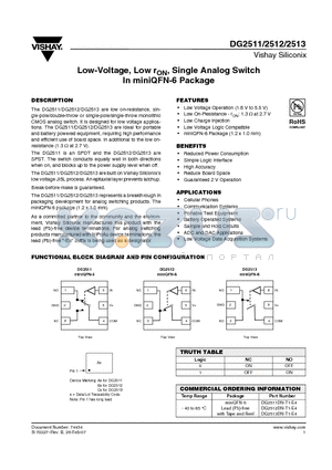 DG2511 datasheet - Low-Voltage, Low rON, Single Analog Switch In miniQFN-6 Package