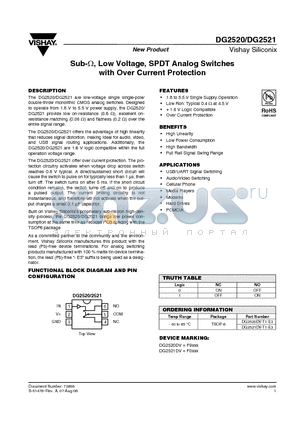 DG2520DV-T1-E3 datasheet - Sub-Y, Low Voltage, SPDT Analog Switches with Over Current Protection