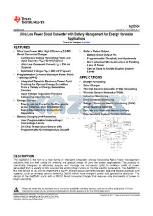 BQ25504 datasheet - Ultra Low Power Boost Converter with Battery Management for Energy Harvester Applications