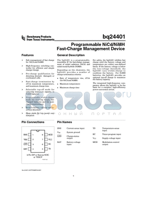 BQ24401PW datasheet - Programmable NiCd/NiMH Fast-Charge Management Device