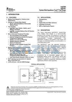 BQ27501DRZT datasheet - System-Side Impedance Track Fuel Gauge