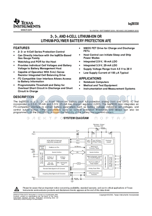 BQ29330DBTG4 datasheet - 2-,3-,AND 4-CELL LITHIUM-ION OR LITHIUM-POLYMER BATTERY PROTECTION AFE