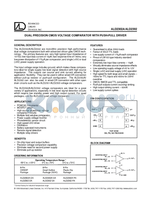 ALD2302 datasheet - DUAL PRECISION CMOS VOLTAGE COMPARATOR WITH PUSH-PULL DRIVER