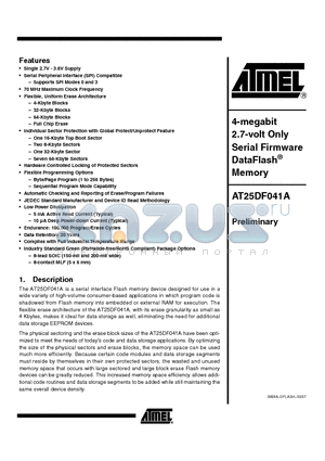 AT25DF041A-SU datasheet - 4-megabit 2.7-volt Only Serial Firmware DataFlash Memory