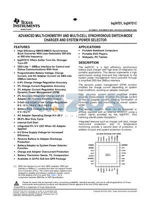 BQ24721RHBR datasheet - ADVANCED MULTI-CHEMISTRY AND MULTI-CELL SYNCHRONOUS SWITCH-MODE CHARGER AND SYSTEM POWER SELECTOR