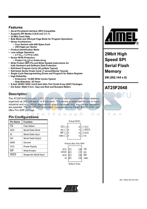 AT25F2048-W27-11 datasheet - 2Mbit High Speed SPI Serial Flash Memory 2M (262,144 x 8)