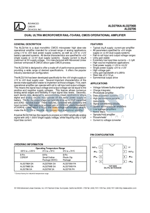 ALD2706A datasheet - DUAL ULTRA MICROPOWER RAIL TO RAIL CMOS OPERATIOAAL AMPLIFIER