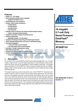 AT26DF161-SU datasheet - 16-megabit 2.7-volt Only Serial Firmware DataFlash Memory