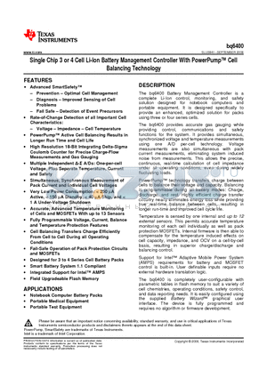 BQ6400RGZT datasheet - Single Chip 3 or 4 Cell Li-Ion Battery Management Controller With PowerPump Cell Balancing Technology