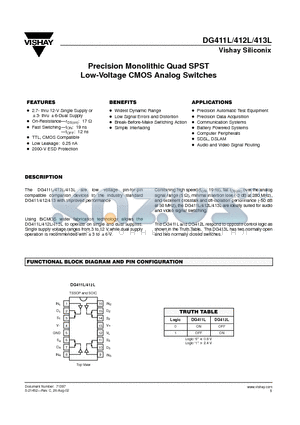 DG412L datasheet - Precision Monolithic Quad SPST Low-Voltage CMOS Analog Switches