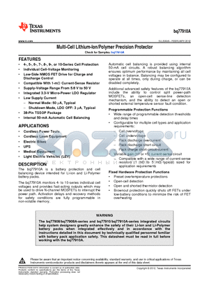 BQ77910A datasheet - Multi-Cell Lithium-Ion/Polymer Precision Protector