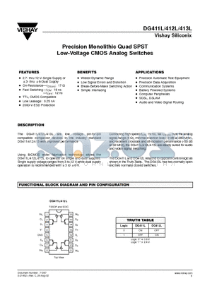 DG413L datasheet - Precision Monolithic Quad SPST Low-Voltage CMOS Analog Switches