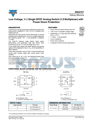 DG4157DN-T1-E4 datasheet - Low Voltage, 1-ohm Single SPDT Analog Switch (1:2 Multiplexer) with Power Down Protection