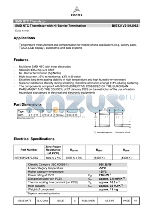 B57431V2104J062 datasheet - SMD NTC Thermistor with Ni-Barrier Termination