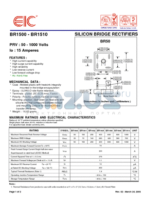 BR1502 datasheet - SILICON BRIDGE RECTIFIERS