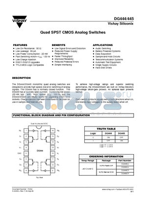 DG445 datasheet - Quad SPST CMOS Analog Switches