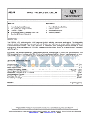 53255 datasheet - 400VDC - 10A SOLID STATE RELAY