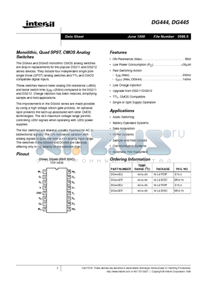 DG445DY datasheet - Monolithic, Quad SPST, CMOS Analog Switches