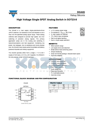 DG449 datasheet - High Voltage Single SPDT Analog Switch in SOT23-8