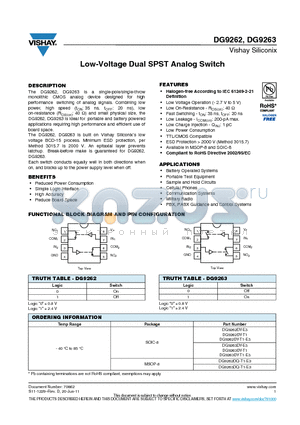 DG9262DQ-T1-E3 datasheet - Low-Voltage Dual SPST Analog Switch