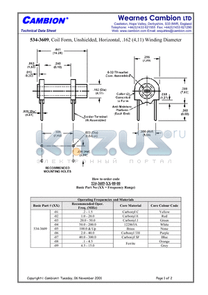 534-3609 datasheet - Coil Form, Unshielded, Horizontal, .162 (4,11) Winding Diameter