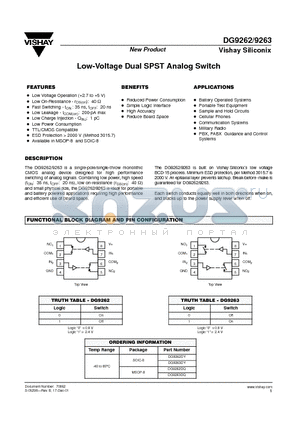 DG9263DQ datasheet - Low-Voltage Dual SPST Analog Switch
