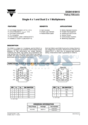 DG9415 datasheet - Single 4 x 1 and Dual 2 x 1 Multiplexers