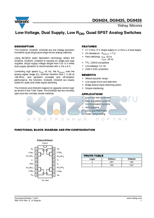 DG9425DQ datasheet - Low-Voltage, Dual Supply, Low RON, Quad SPST Analog Switches