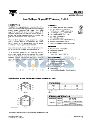 DG9431DV-T1 datasheet - Low-Voltage Single SPDT Analog Switch