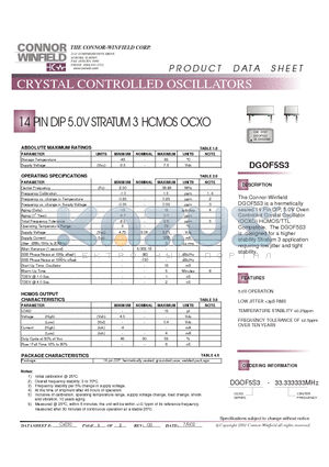 DGOF5S3 datasheet - 14 PIN DIP 5.0V STRATUM 3 HCMOS OCXO