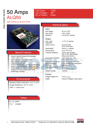 ALQ50Y48N datasheet - High Efficiency Quarter Brick, 50 Amps