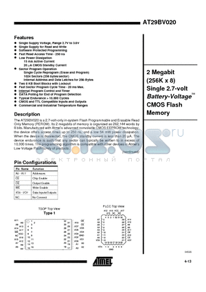 AT29BV020-25JI datasheet - 2 Megabit 256K x 8 Single 2.7-volt Battery-Voltage CMOS Flash Memory