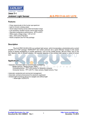 ALS-PDIC144-6C-L378 datasheet - 3mm T-1 Ambient Light Sensor