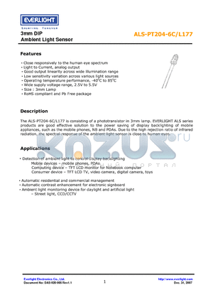 ALS-PT204-6C/L177 datasheet - 3mm DIP Ambient Light Sensor