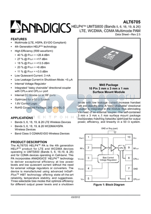 ALT6705RM45P9 datasheet - HELP4 UMTS800 (Bands 5, 6, 18, 19, & 26) LTE, WCDMA, CDMA Multimode PAM